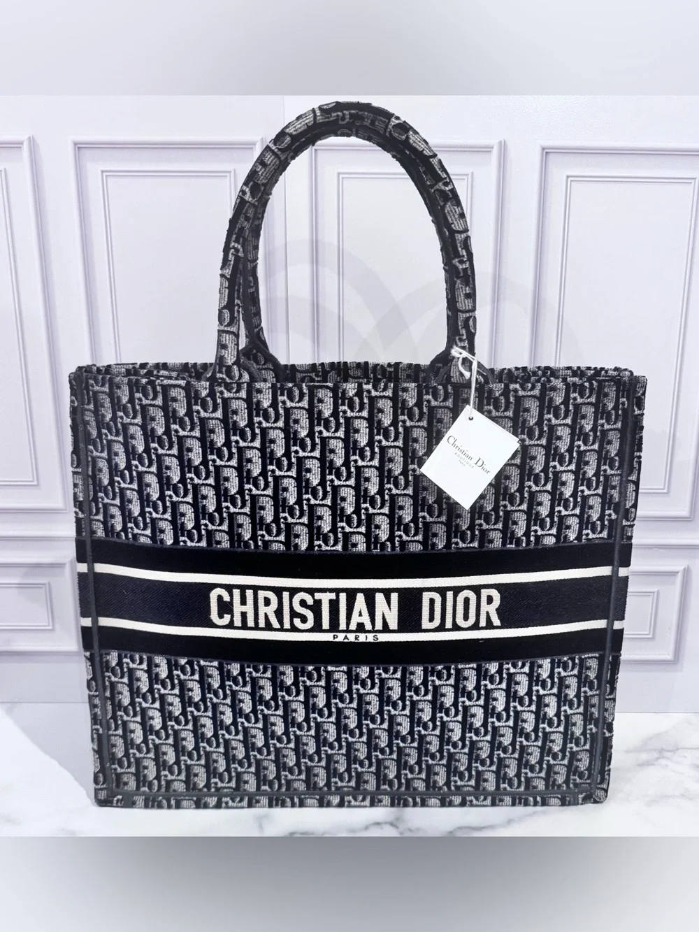 NWT Christian Dior Large Ecru & Blue Dior Oblique Book Tote Bag with Receipt